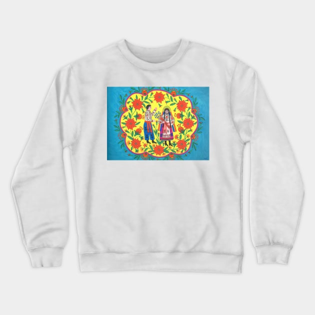 Maria Primachenko - flax blooms and a cossack goes to a girl 1982 Crewneck Sweatshirt by Kollagio